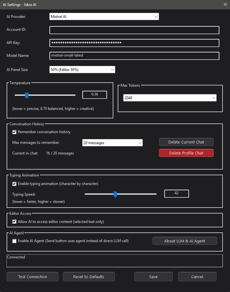 Iskra Text Editor AI Settings Dialog